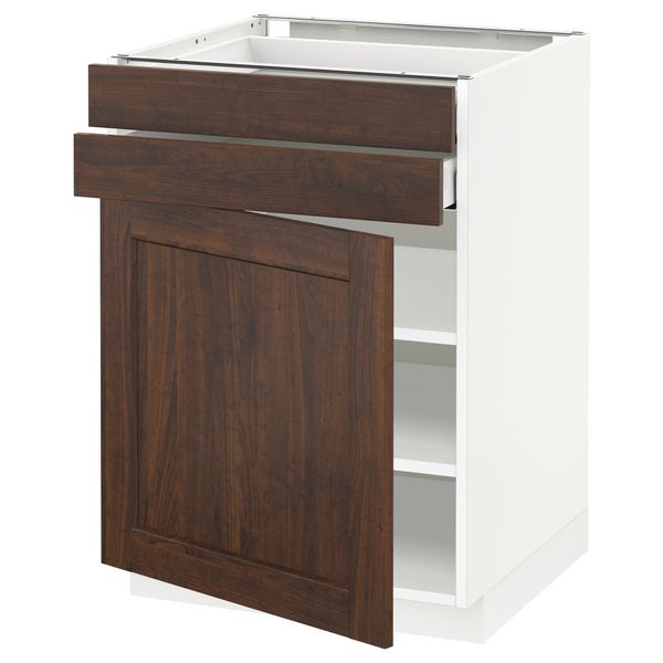 Напольный шкаф с дверцей, 2 ящиками МЕТОД / МАКСИМЕРА, белый, Эдсерум коричневый - схема-чертеж с размерами