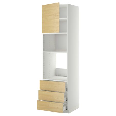 Высокий шкаф для духовки/СВЧ дверца, 3 ящика МЕТОД / МАКСИМЕРА, белый, Тингсрид береза