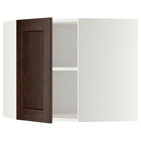 Угловой навесной шкаф с полками МЕТОД, белый, Эдсерум коричневый