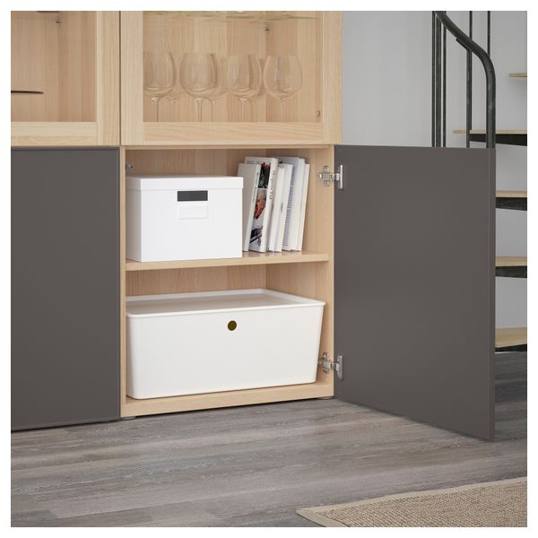 Комбинация для хранения со стеклянными дверцами БЕСТО, под беленый дуб Грундсвикен, темно-серый прозрачное стекло (120x40x192 - схема-чертеж с размерами