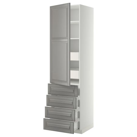 Высокий шкаф с полками/6 ящик, дверцами, 4 фронтальные панели МЕТОД / ФОРВАРА, белый, Будбин серый