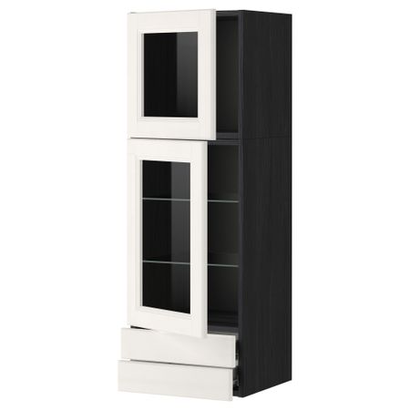 Навесной шкаф, 2 стеклянные дверцы, 2 ящика МЕТОД / ФОРВАРА, черный, Лаксарби белый