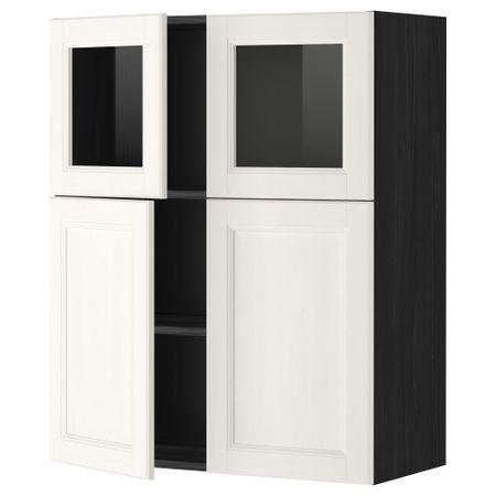 Навесной шкаф, полки, 2 двери, 2 стеклянные дверцы МЕТОД, черный, Лаксарби белый (80x100 см)