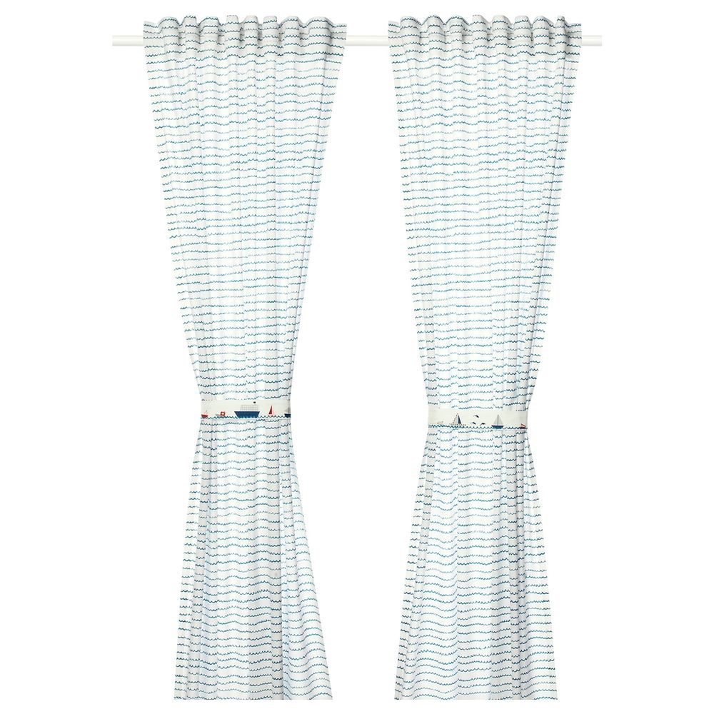 Гардины с прихватом, 2 шт., орнамент «волны/корабли»/синий 120x300 см IKEA UPPTÅG УППТОГ 204.402.77 - фото 1