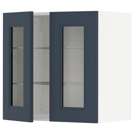 Навесной шкаф/полки/2стеклян двери, белый Акстад/матовая поверхность синий 60x60 см IKEA METOD МЕТОД 394.457.84