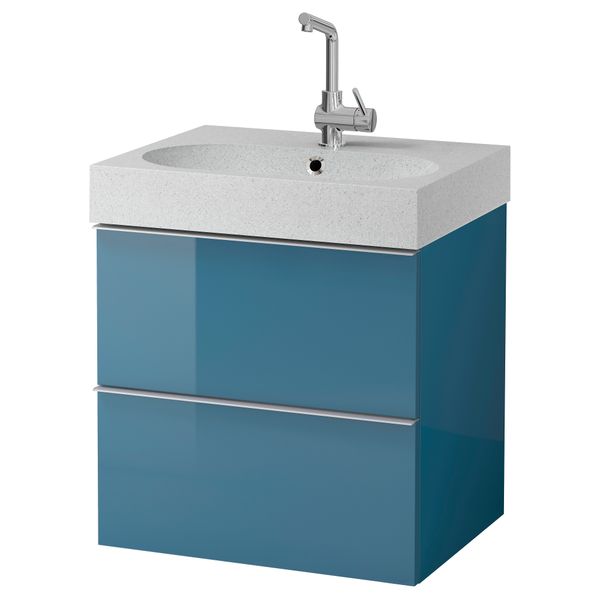 Шкаф для раковины с 2 ящиками ГОДМОРГОН / БРОВИКЕН, глянцевый бирюзовый, светло-серый (60x49x68 см) - фото 1