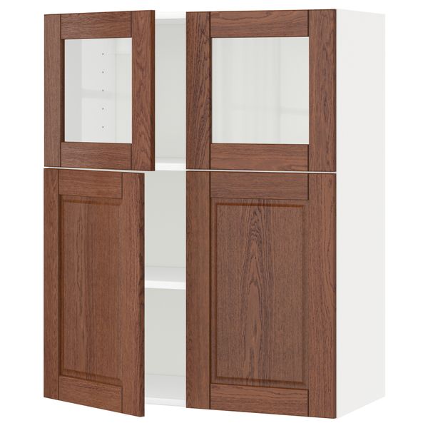 Навесной шкаф, полки, 2 двери, 2 стеклянные дверцы МЕТОД, белый, Филипстад коричневый (80x100 см) - схема-чертеж с размерами