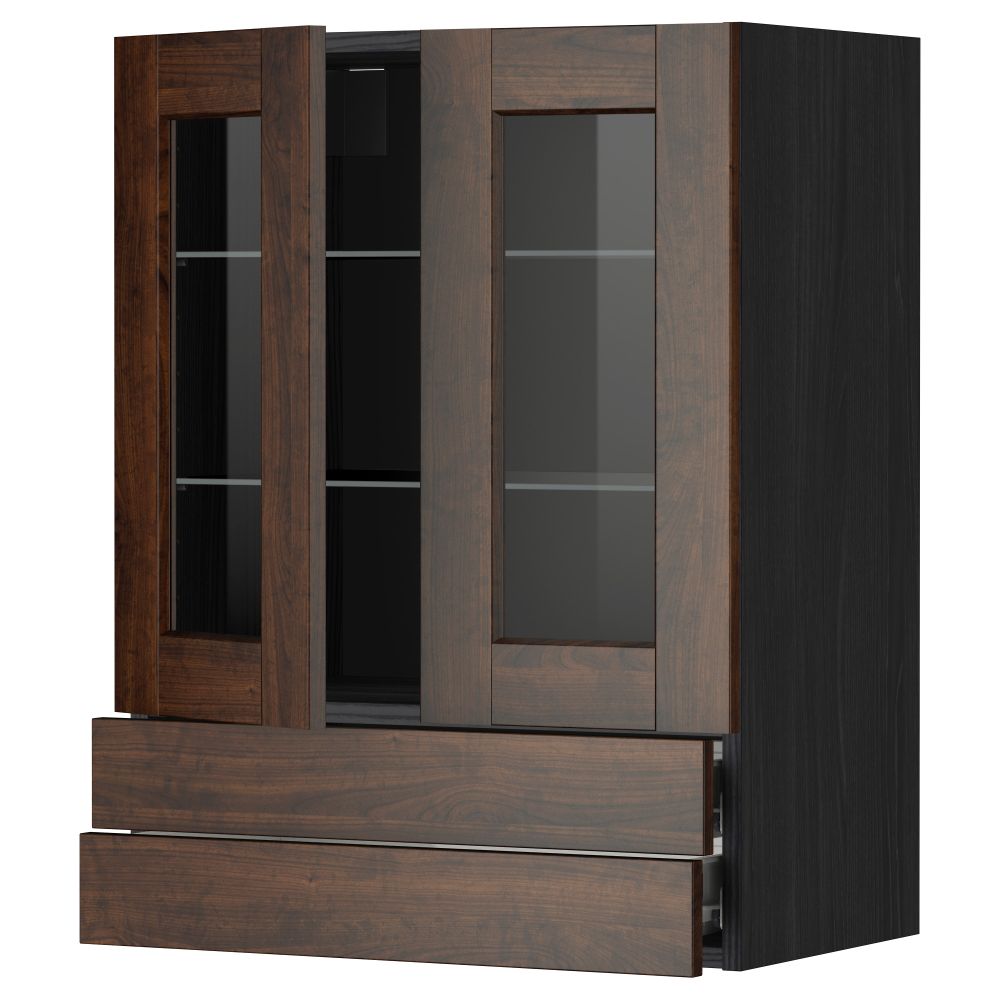 Навесной шкаф, 2 стеклянные дверцы, 2 ящика МЕТОД / ФОРВАРА, черный, Эдсерум коричневый - фото 1