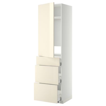 Высокий шкаф для холодильника, с дверцами, 3 ящика МЕТОД / МАКСИМЕРА, белый, Рингульт кремовый (60x60x220 см)