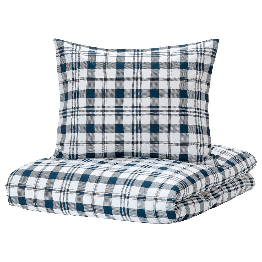 Пододеяльник и 2 наволочки, 200x200/50x60 см, белый синий/клетка IKEA SPIKVALLMO 004.664.33 - фото 1