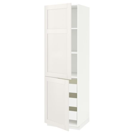 Высокий шкаф + полки, 3 ящика, 2 дверцы МЕТОД / ФОРВАРА, белый, Сэведаль белый