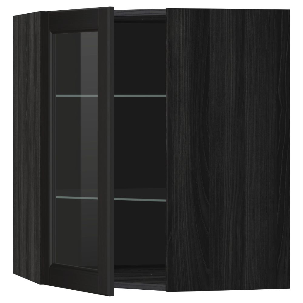 Угловой навесной шкаф с полками, стекляными дверцами МЕТОД, черный, Лаксарби черно-коричневый - схема-чертеж с размерами