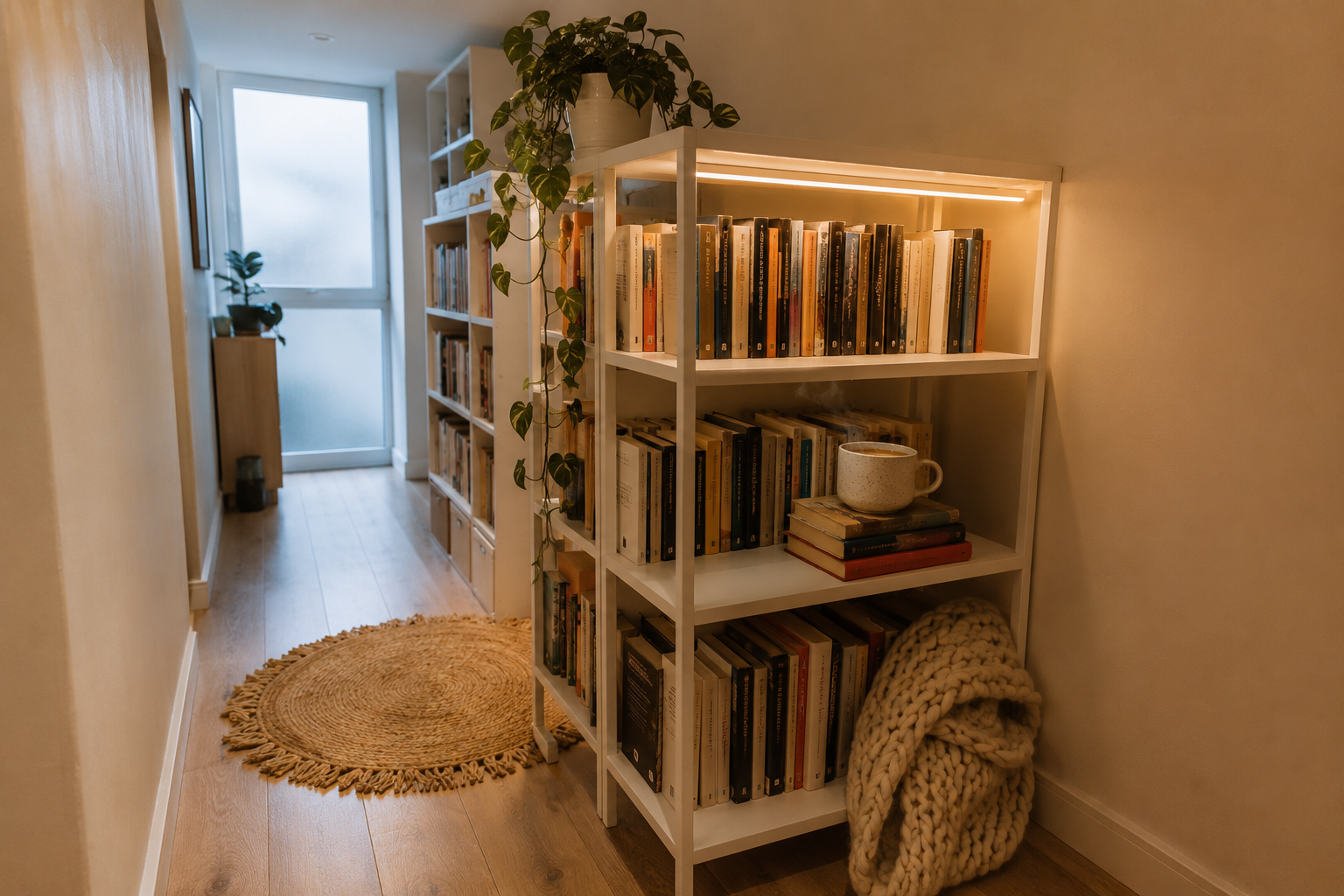 Готовая библиотека из PLATSA в коридоре: белый стеллаж с книгами и тёплой LED-подсветкой MITTLED
