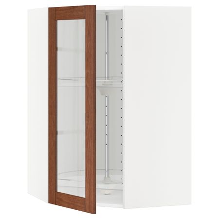 Угловой навесной шкаф с вращающающейся секцией, стеклянными дверцами МЕТОД, белый, Филипстад коричневый