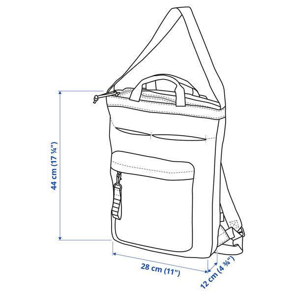 Дорожная сумка, черный, 28x12x44 см, 16 л IKEA VÄRLDENS ВЭРЛДЕНС 904.879.16 - схема-чертеж с размерами