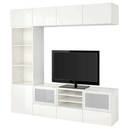 Шкаф для ТВ, комбинированный, стекляные дверцы БЕСТО, белый, Сельсвикен глянцевый/белый матовое стекло (240x40x230 см)