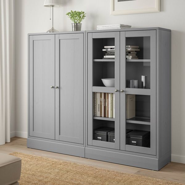 Комбинация для хранения с стеклянная двр, серый 162x37x134 см IKEA HAVSTA ХАВСТА 892.660.58 - фото 2
