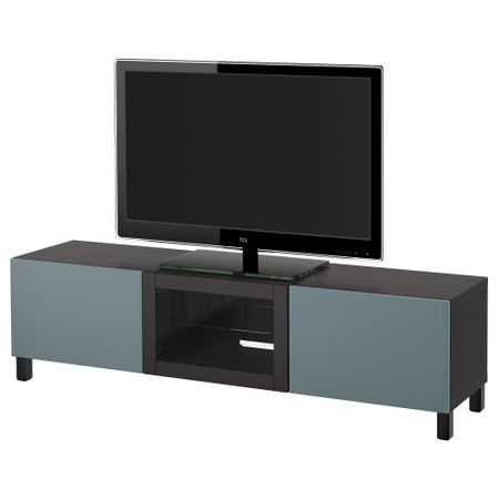 Тумба под ТВ с ящиками и дверцей БЕСТО, черно-коричневый, Вальвикен серо-бирюзовый, прозрачное стекло (180x40x48 см)