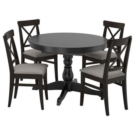 Стол и 4 стула, черный/Нольхага серый-бежевый 110/155 см IKEA INGATORP ИНГАТОРП / INGOLF ИНГОЛЬФ 594.833.41