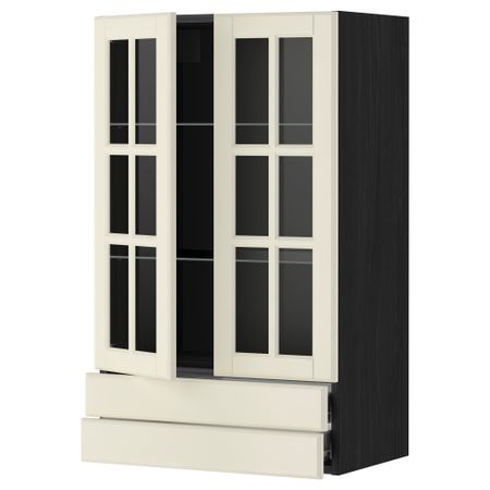 Навесной шкаф, 2 стеклянные дверцы, 2 ящика МЕТОД / ФОРВАРА, черный, Будбин белый с оттенком