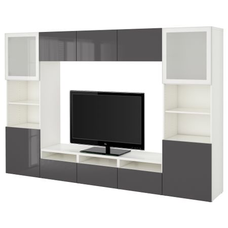 Шкаф для ТВ, комбинированный, стекляные дверцы БЕСТО, белый, Сельсвикен глянцевый/серый матовое стекло (300x40x192 см)