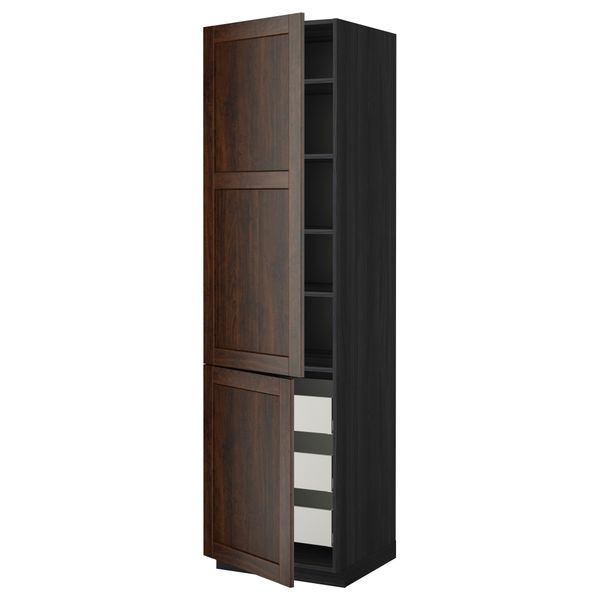Высокий шкаф + полки, 3 ящика, 2 дверцы МЕТОД / МАКСИМЕРА, черный, Эдсерум коричневый - фото 1