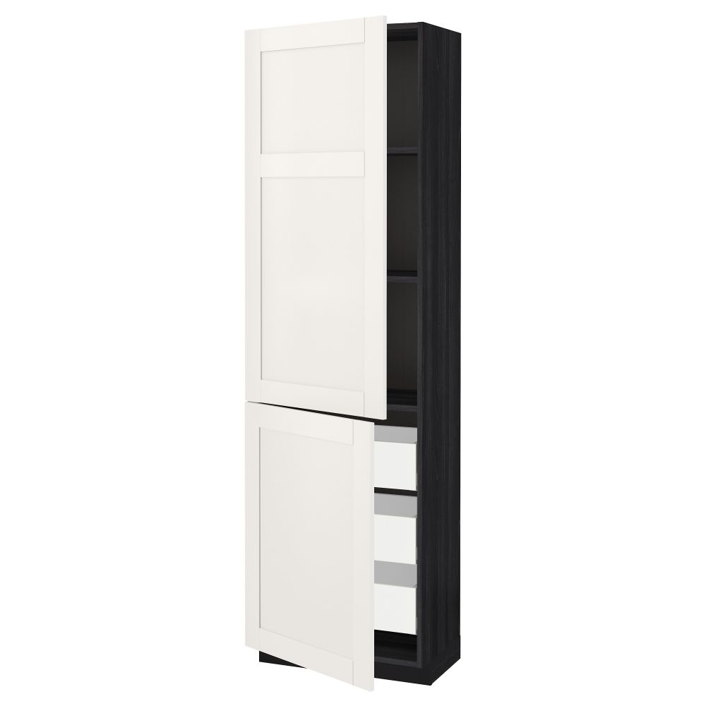 Высокий шкаф + полки, 3 ящика, 2 дверцы МЕТОД / МАКСИМЕРА, черный, Сэведаль белый - схема-чертеж с размерами