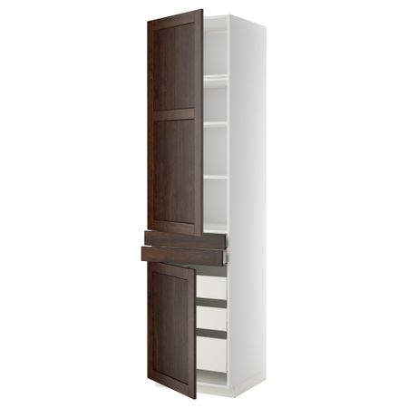 Высокий шкаф + полки, 5 ящиков, 2 дверцы, 2 фронтальных МЕТОД / МАКСИМЕРА, белый, Эдсерум коричневый