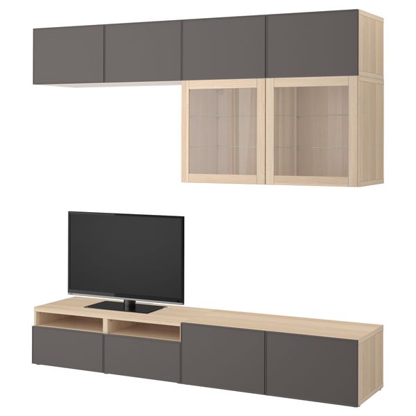 Шкаф для ТВ, комбинированный, стекляные дверцы БЕСТО, под беленый дуб Грундсвикен, темно-серый прозрачное стекло (240x40x230 см) - фото 1