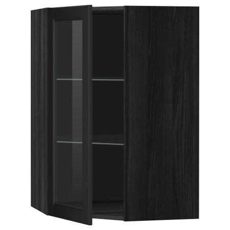 Угловой навесной шкаф с полками, стекляными дверцами МЕТОД, черный, Лаксарби черно-коричневый
