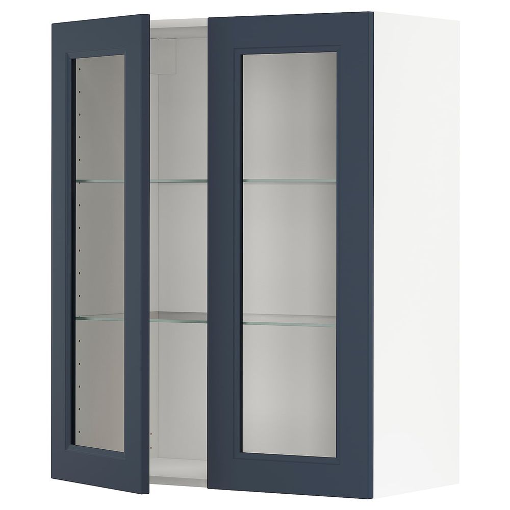 Навесной шкаф/полки/2стеклян двери, белый Акстад/матовая поверхность синий 80x100 см IKEA METOD МЕТОД 594.019.77 - фото 1