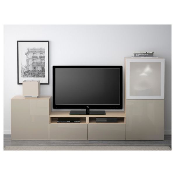 Шкаф для ТВ, комбинированный, стекляные дверцы БЕСТО, под беленый дуб, Сельсвикен глянцевый/бежевый матовое стекло (240x40x128 - фото 2