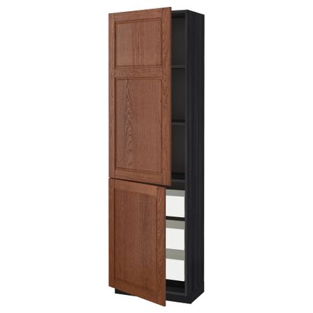 Высокий шкаф + полки, 3 ящика, 2 дверцы МЕТОД / ФОРВАРА, черный, Филипстад коричневый