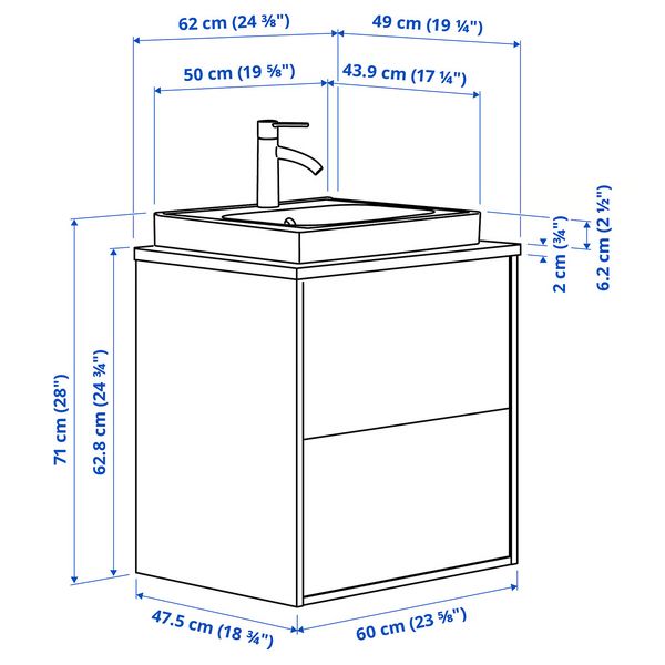HAVBÄCK / ORRSJÖN Шкаф с ящиками/раковина/смеситель - схема-чертеж с размерами