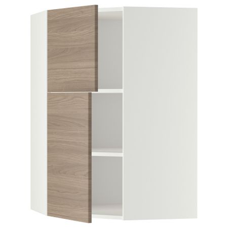 Угловой навесной шкаф + полки, 2 дверцы МЕТОД, белый, Брокхульт светло-серый (68x100 см)