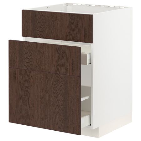 Шкаф под мойку+3фасада/2ящика, белый/Синарп коричневый 60x60 см IKEA METOD МЕТОД / MAXIMERA МАКСИМЕРА 694.044.28
