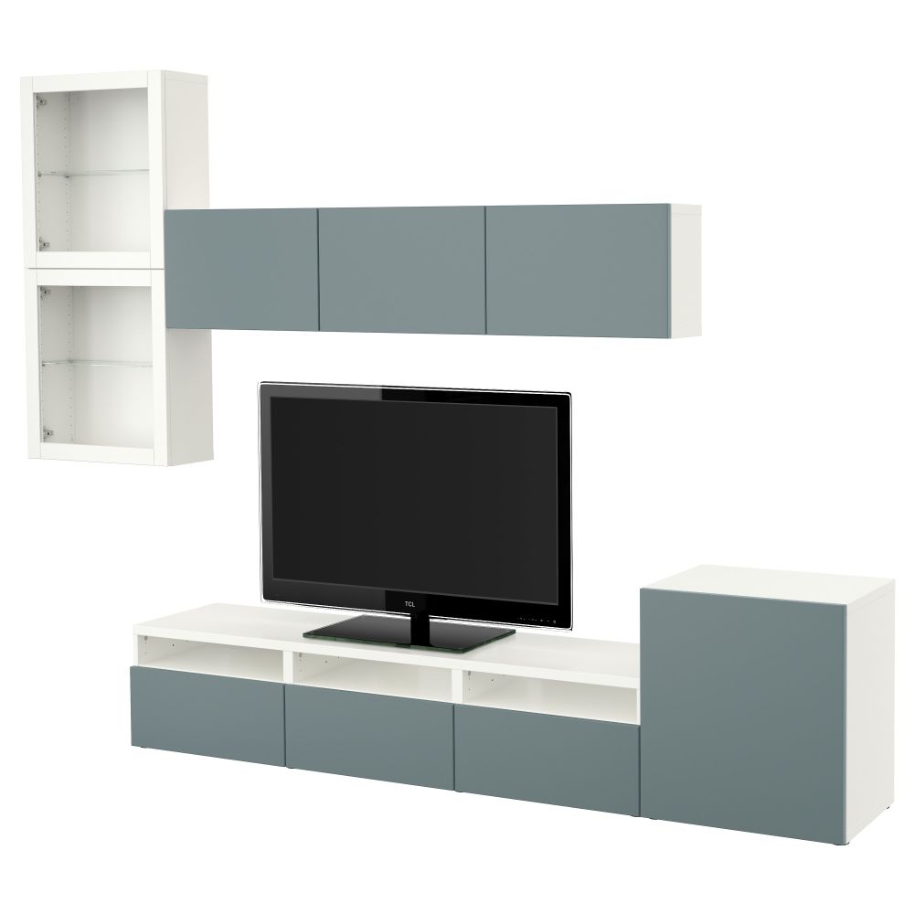 Шкаф для ТВ, комбинированный, стекляные дверцы БЕСТО, белый, Вальвикен серо-бирюзовый, прозрачное стекло (300x20/40x211 см) - фото 1