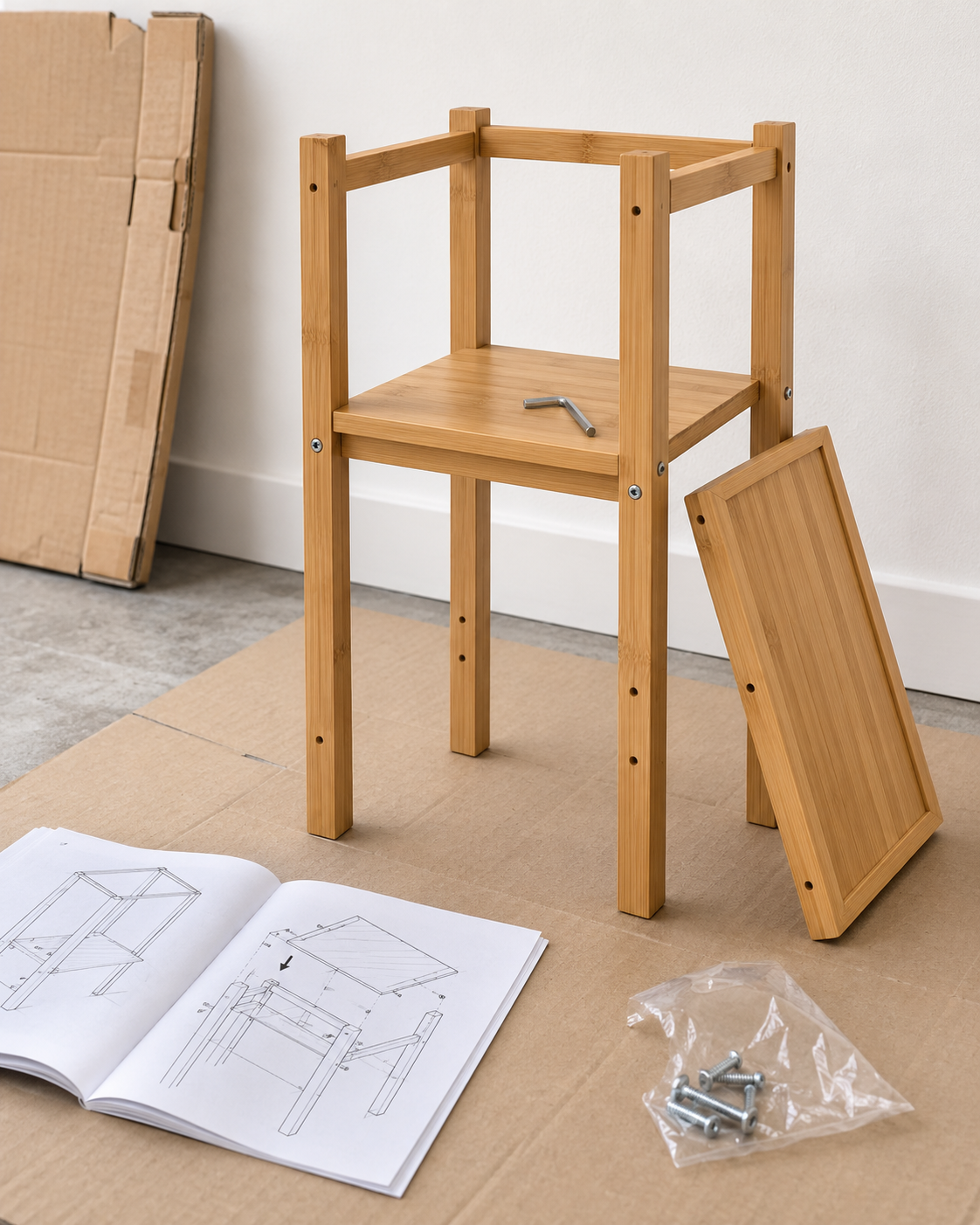 Сборка бамбуковой подставки IKEA: частично собранный каркас с инструментами на полу