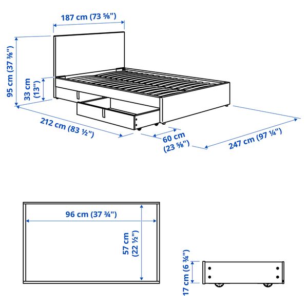 Кровать с обивкой,2 кроватных ящика, 180x200 cm IKEA GLADSTAD 394.068.05 - схема-чертеж с размерами