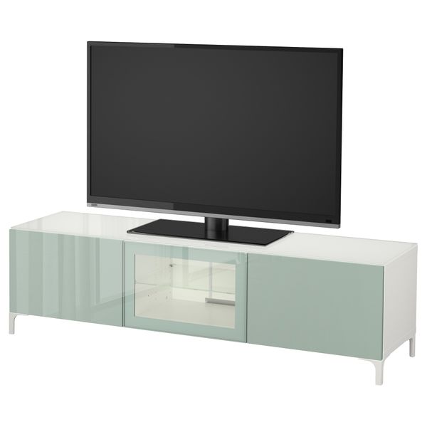 Тумба под ТВ, с дверцами БЕСТО, белый Сельсвикен, глянцевый/серо-зеленый светлый прозрачное стекло - фото 1