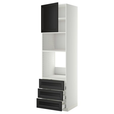 Высокий шкаф для духовки/СВЧ дверца, 3 ящика МЕТОД / МАКСИМЕРА, белый, Лаксарби черно-коричневый