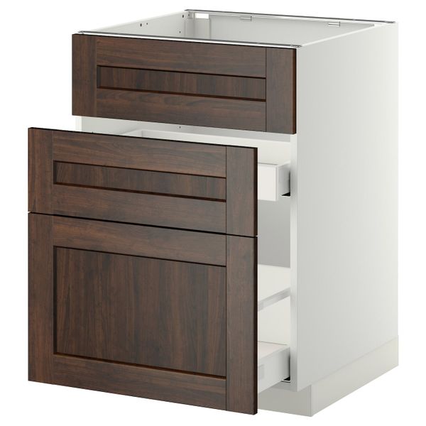 Напольный шкаф под мойку + 3 фронтальных панели/2ящ, белый/Эдсерум коричневый 60x60 см IKEA METOD МЕТОД / MAXIMERA МАКСИМЕРА - фото 1