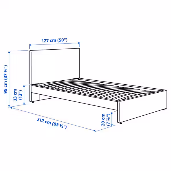 GLADSTAD ГЛАДСТАД Каркас кровати с обивкой - Kabusa светло-серый 120x200 см - схема-чертеж с размерами