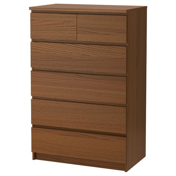 Комод с 6 ящиками, коричневая морилка ясеневый шпон 80x123 см IKEA MALM МАЛЬМ 903.941.92 - фото 1