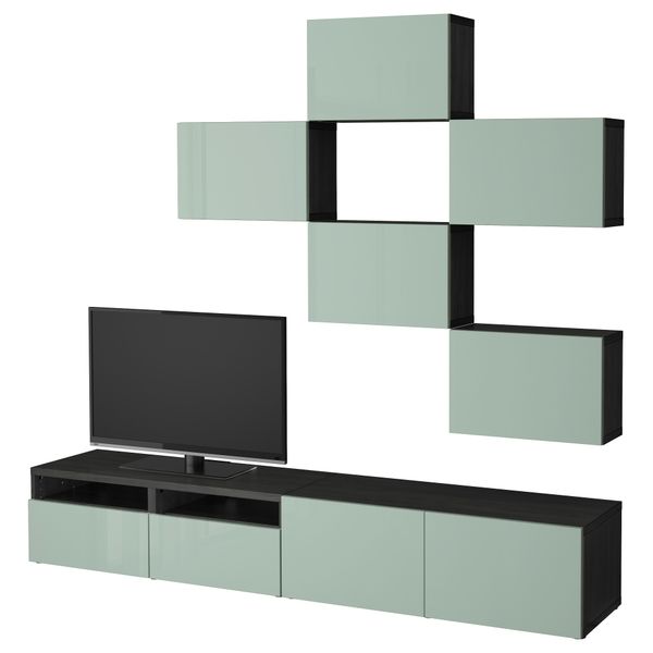 Шкаф для ТВ, комбинация БЕСТО, черно-коричневый, Сельсвикен глянцевый/серо-зеленый светлый (240x20/40x204 см) - фото 1