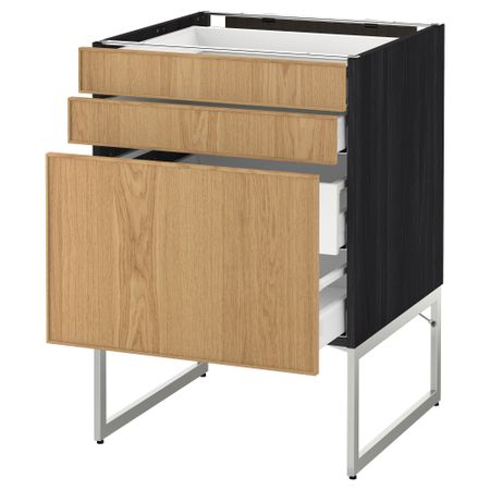 Напольный шкаф 3 фронтальных панели, 2 нижних, 2 средних ящика МЕТОД / МАКСИМЕРА, черный, Экестад дуб
