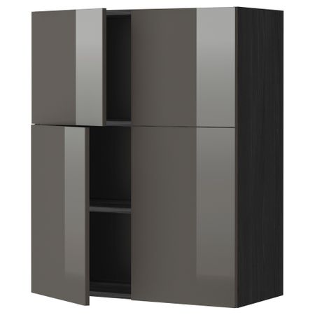 Навесной шкаф с полками, 4 дверцы МЕТОД, черный, Рингульт серый (80x100 см)