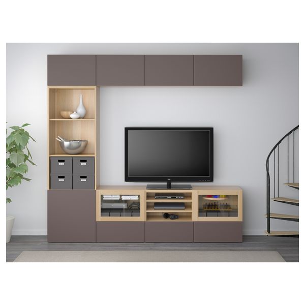 Шкаф для ТВ, комбинированный, стекляные дверцы БЕСТО, под беленый дуб, Вальвикен темно-коричневый, прозрачное стекло (240x40x230 - фото 2