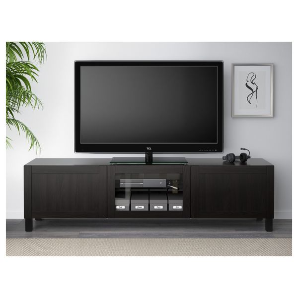 Тумба под ТВ с ящиками и дверцей БЕСТО, Ханвикен черно-коричневый прозрачное стекло (180x40x48 см) - схема-чертеж с размерами