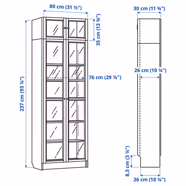 BILLY / OXBERG Стеллаж со стеклянными дверцами - под дуб/прозрачное стекло 80x30x237 см - схема-чертеж с размерами